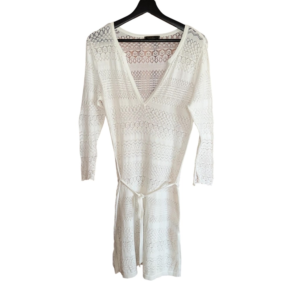 Eddie Bauer Womens M White Crochet Knit Swim Cover‎ Up Tie Waist